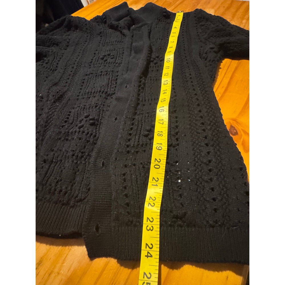 Black Crochet Cardigan M Short Sleeve Button Up Boho Knit Top Open Front Relaxed - Picture 9 of 10